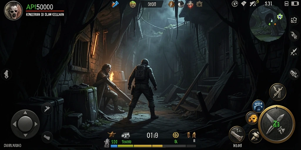 Screeshot menakutkan dari gameplay API5000 dengan suasana gelap dan misterius.