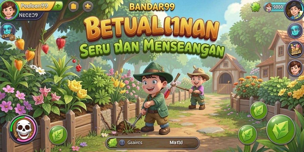 Tampilan gameplay <strong>BANDAR99</strong> menampilkan kebun yang indah dengan berbagai tanaman dan hewan.