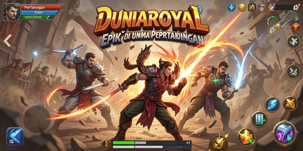 Screenshot gameplay DUNIAROYAL dengan karakter bertarung epik.