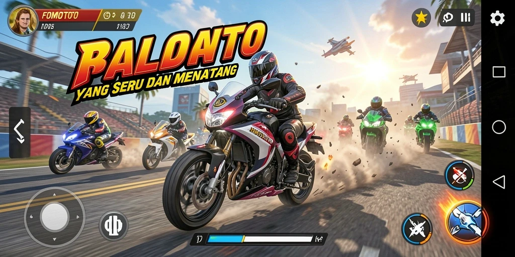 Screenshot menampilkan aksi balap motor yang mendebarkan di FOMOTOTO.