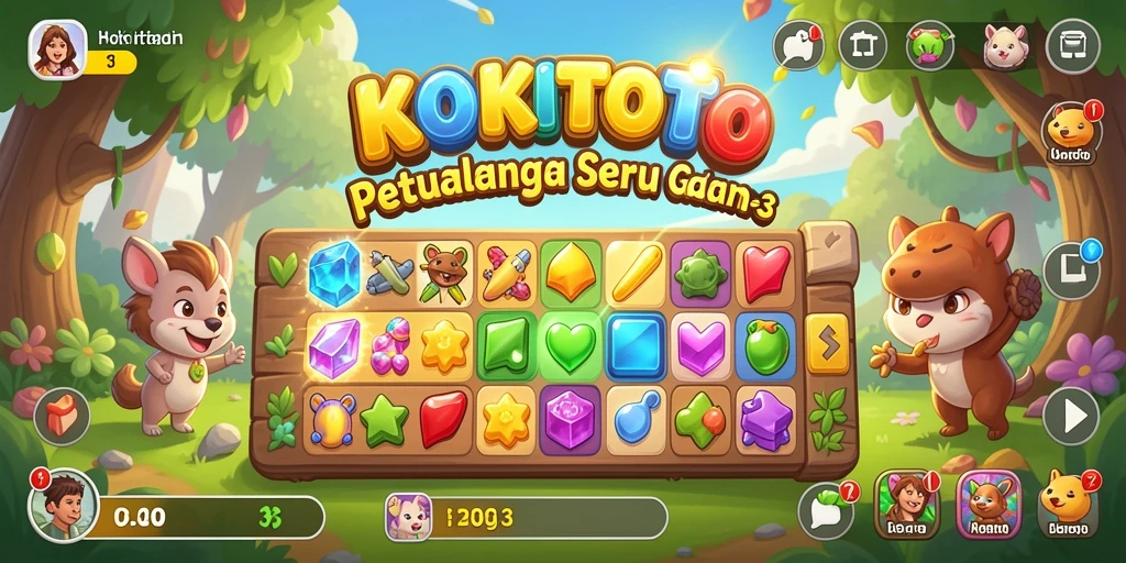 Tangkapan layar gameplay KOKITOTO dengan elemen Match-3 yang berwarna-warni.
